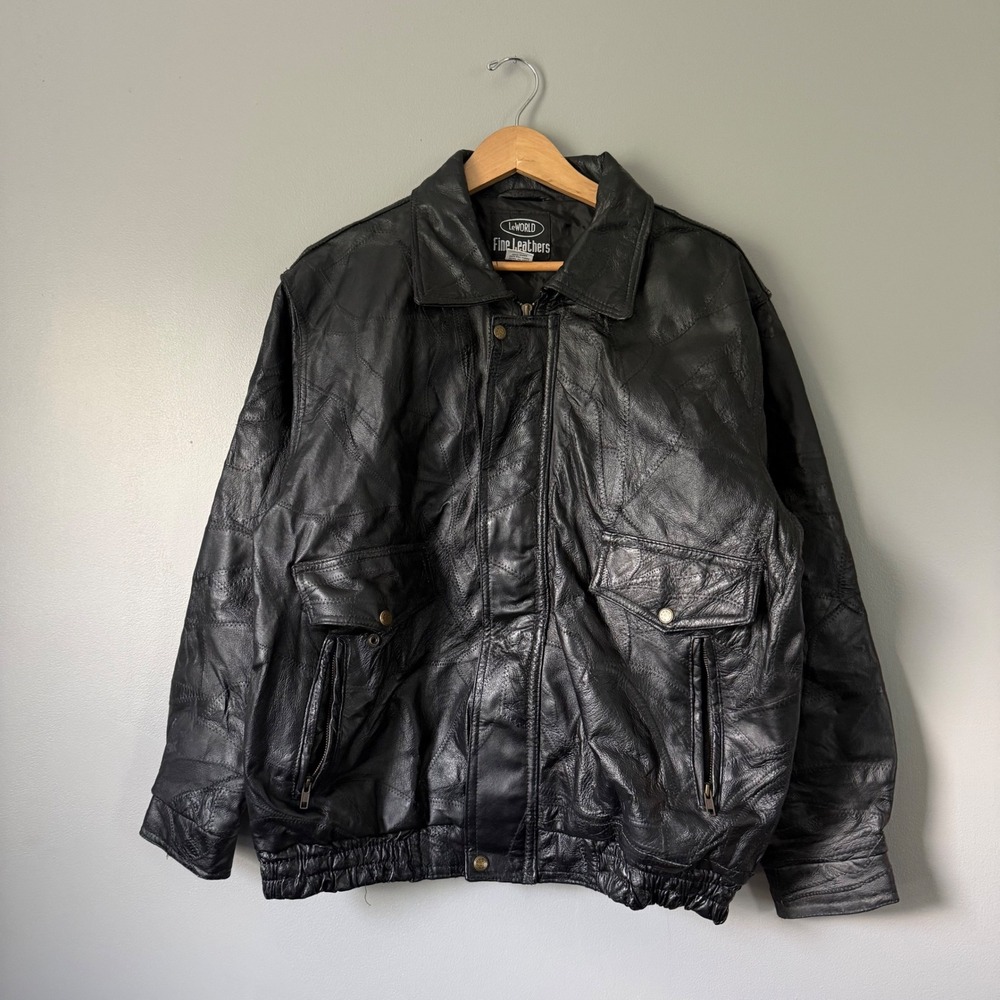 Vintage LeWorld Fine Leathers Patchwork Bomber Jacket Black Large